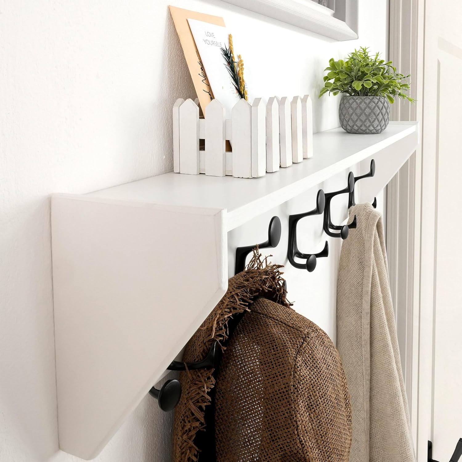 SKOLOO Wall Shelf with 5 Hooks - 24 Inch White Coat Rack