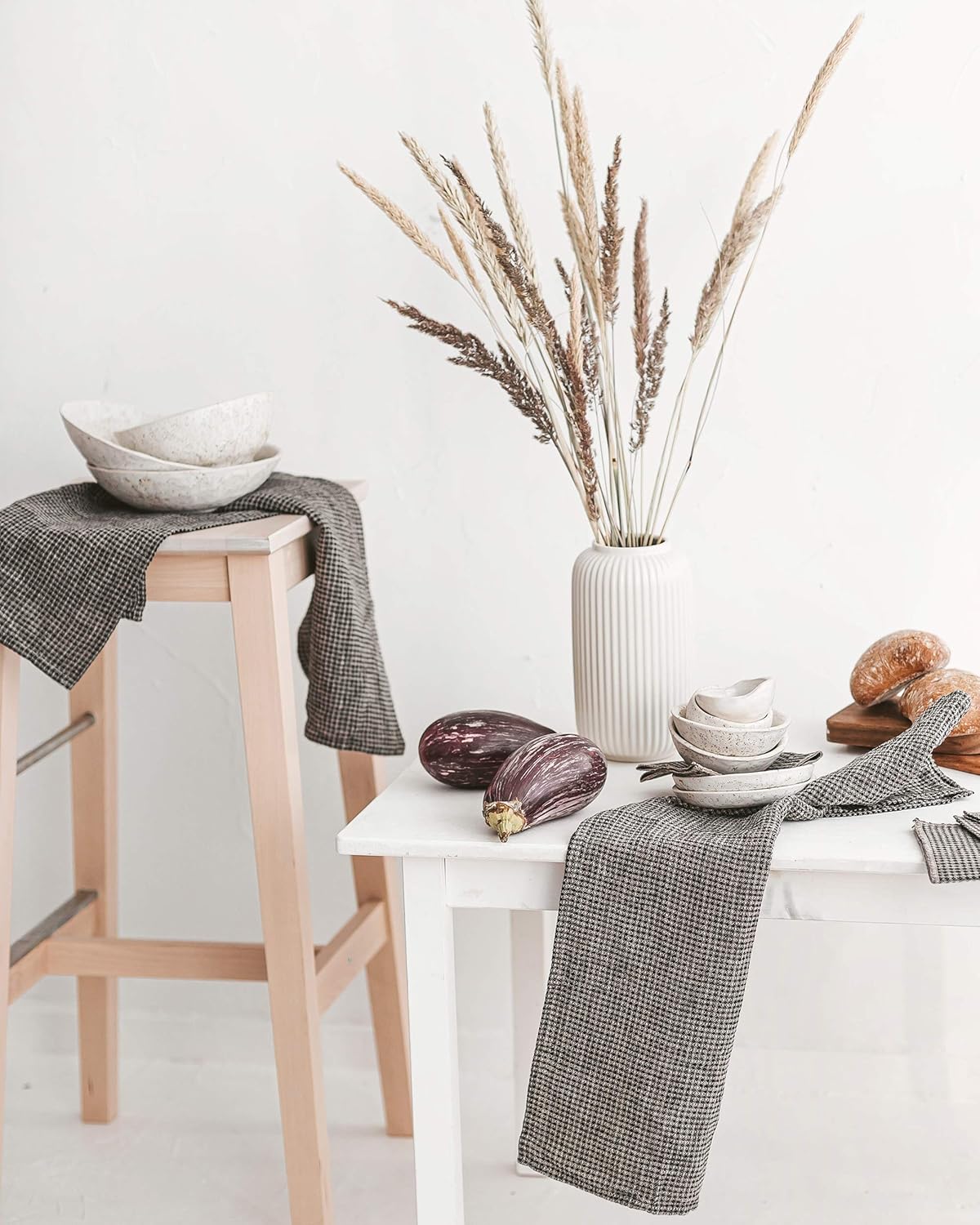 Pure Linen Hand Towels Set of 2 - Waffle Weave Black-Natural