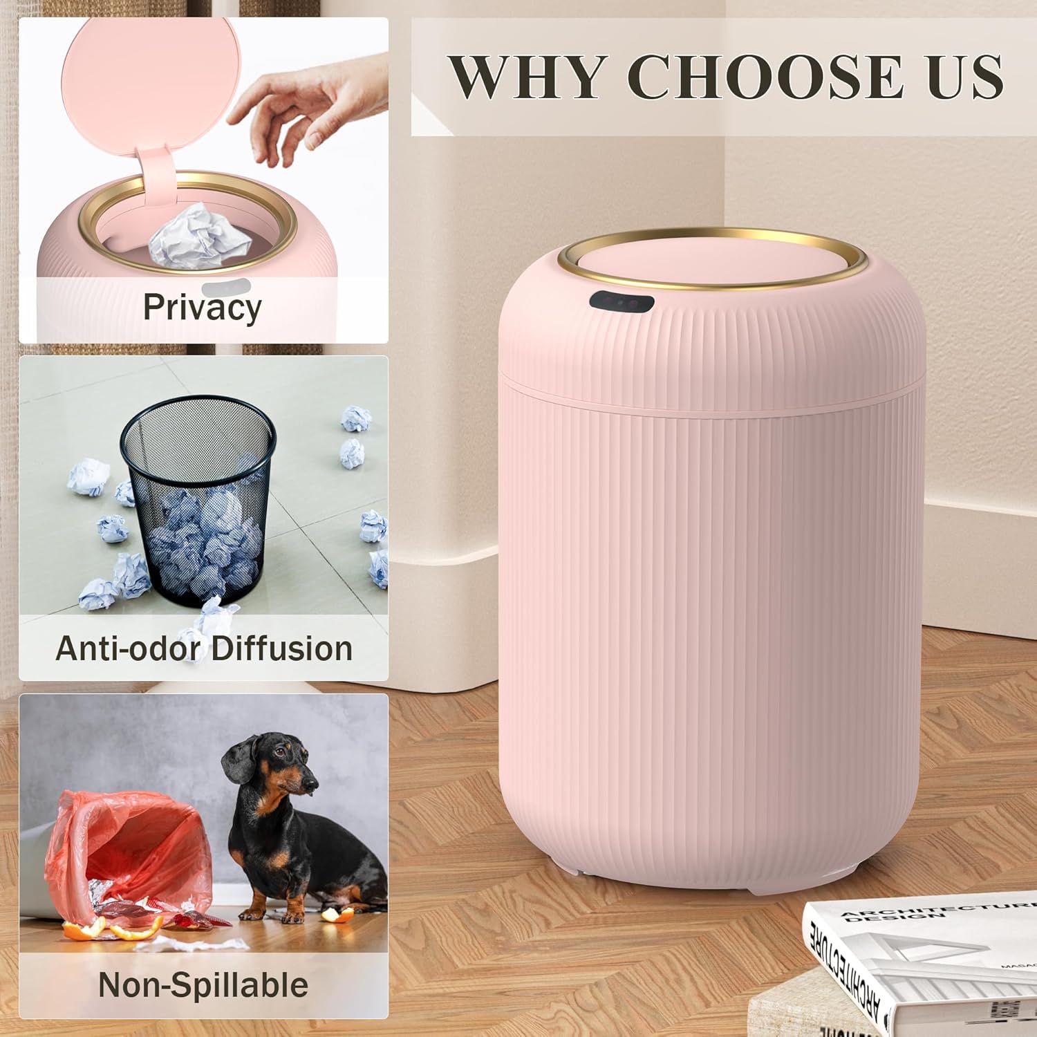 Smart Bathroom Trash Can with Touchless Lid
