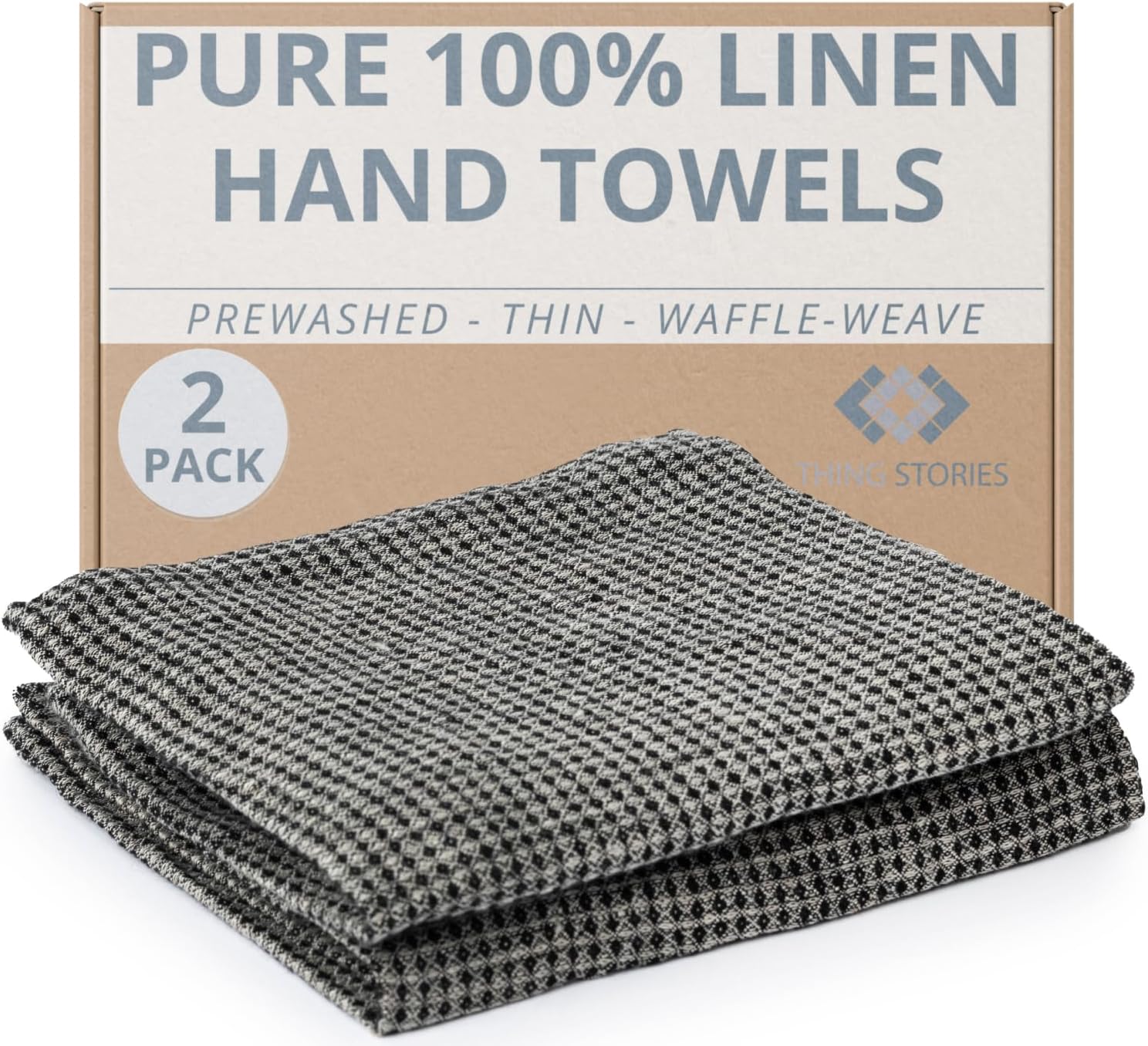 Pure Linen Hand Towels Set of 2 - Waffle Weave Black-Natural