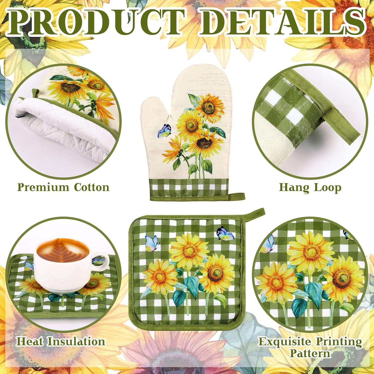 Leinuosen Farmhouse Sunflower Oven Mitts and Dish Towels Set