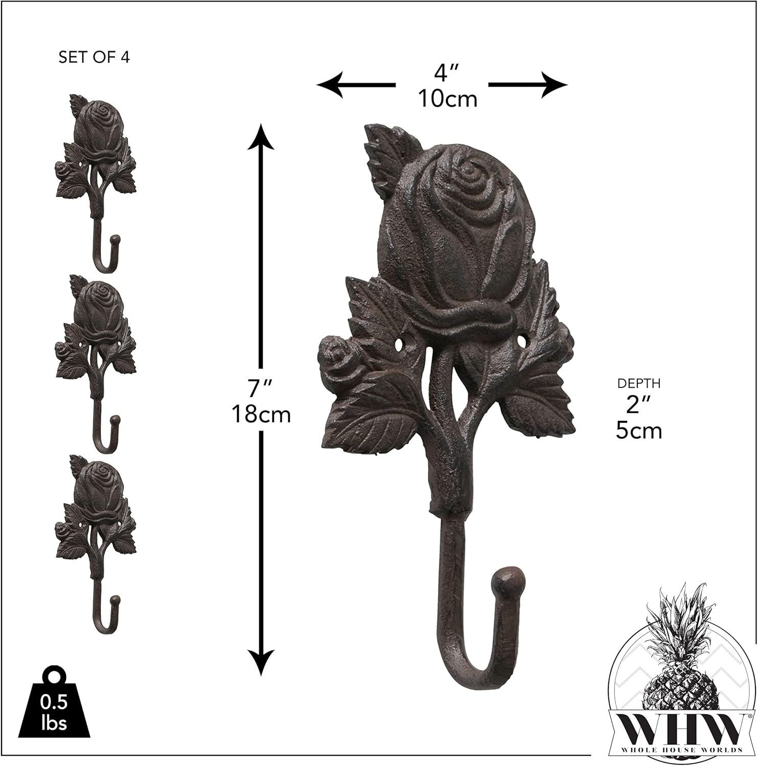 WHW Sweetheart Rose Wall Hooks Set of 4 Shabby Bronze