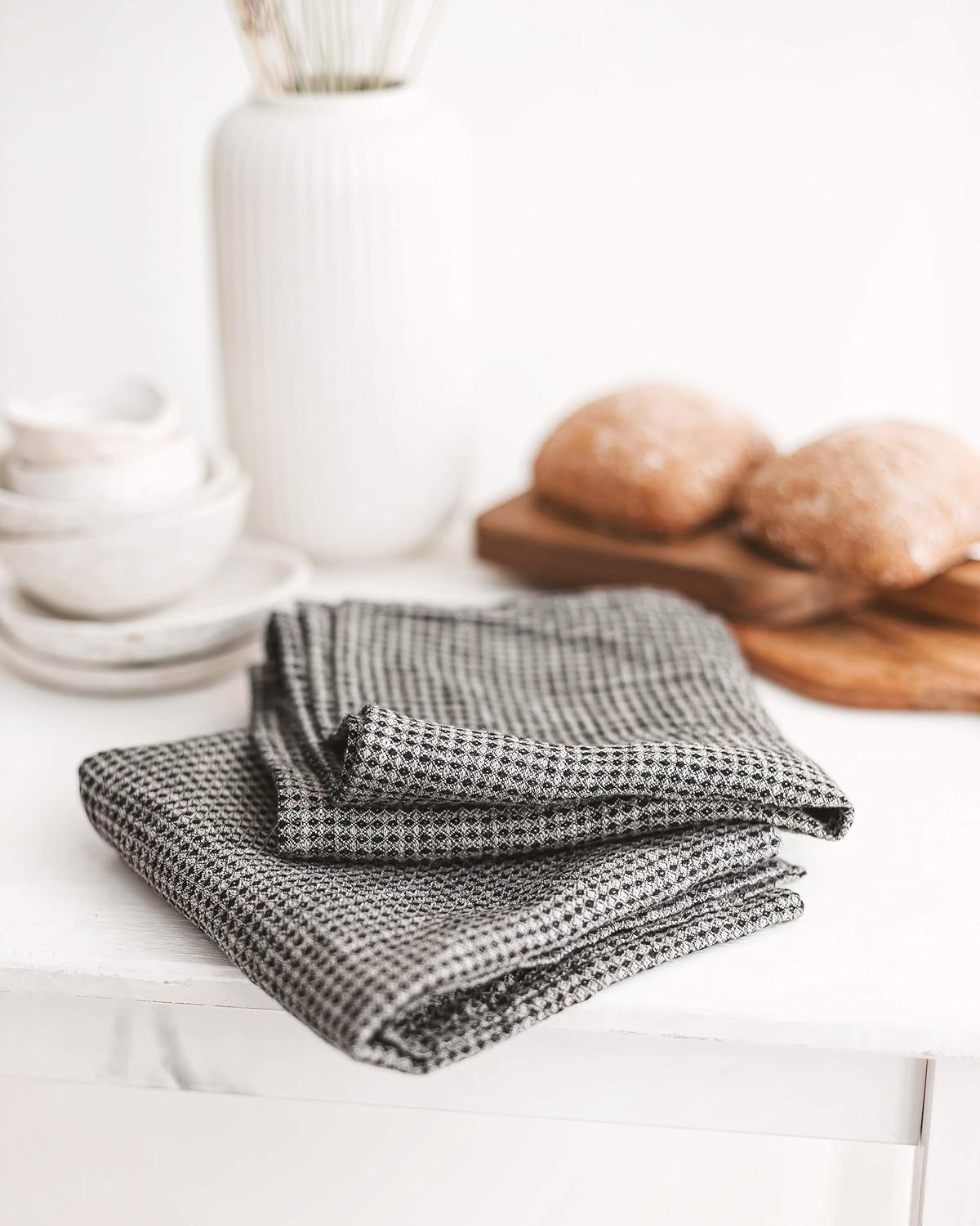 Pure Linen Hand Towels Set of 2 - Waffle Weave Black-Natural