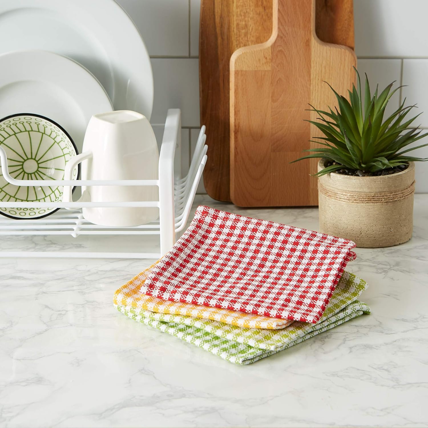 DII Heavy Duty Dish Cloths 4 Pack Cotton 13x13 Gingham Check