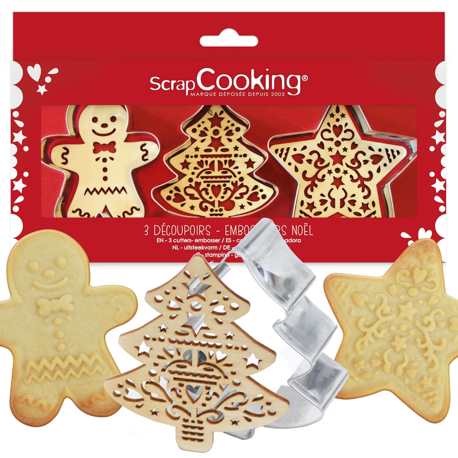 ScrapCooking 3 Wooden Christmas Cookie Cutters and Embossers Set