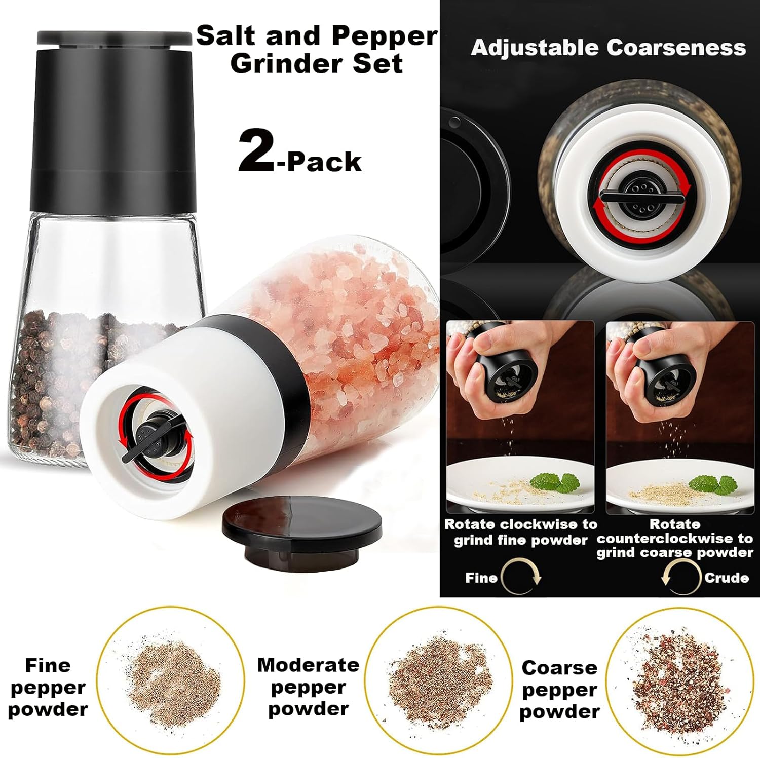 ANDONG Salt Pepper Grinder Set of 2 Black White