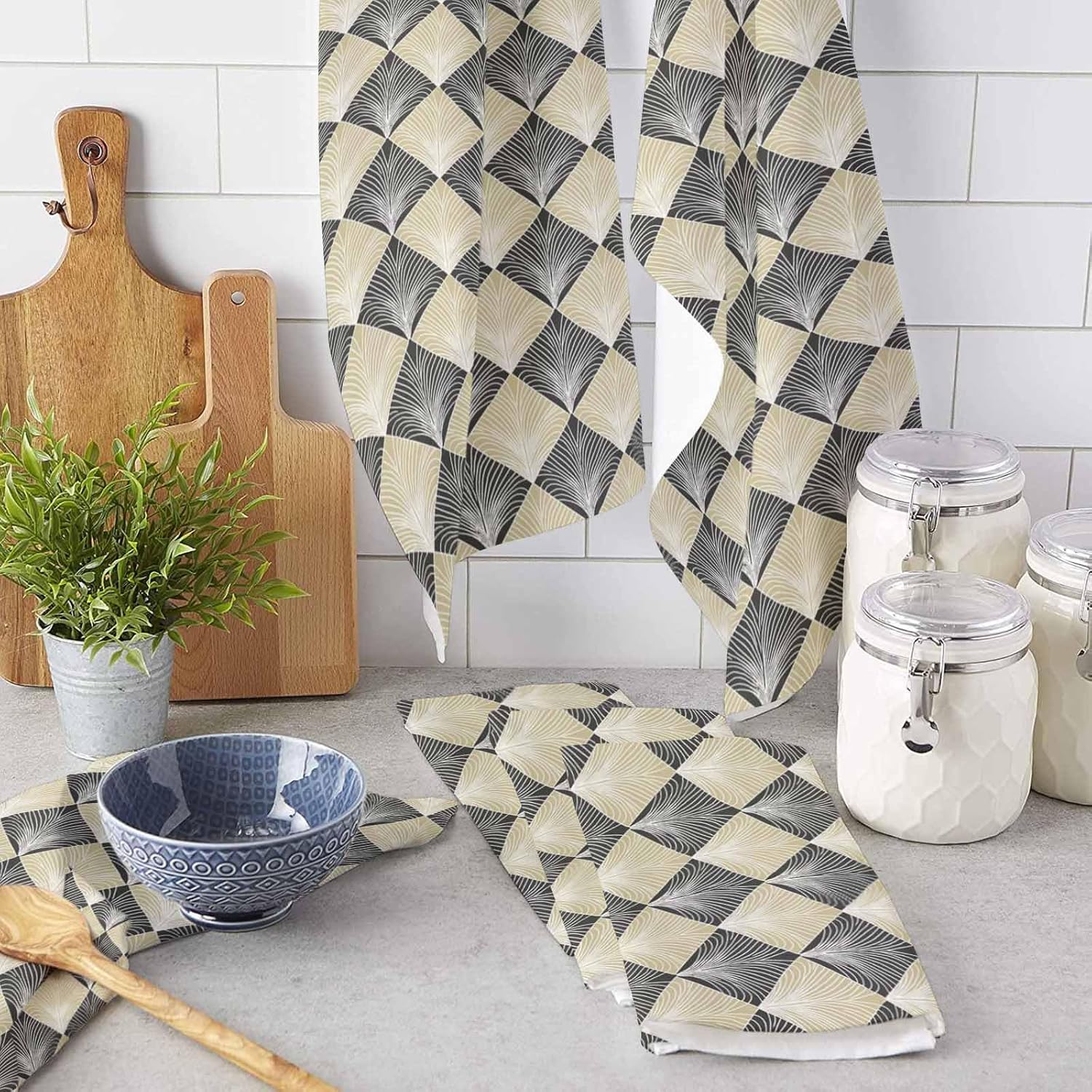 ZOE GARDEN Modern Black Yellow Geometric Dish Towels 2-PC 18x28