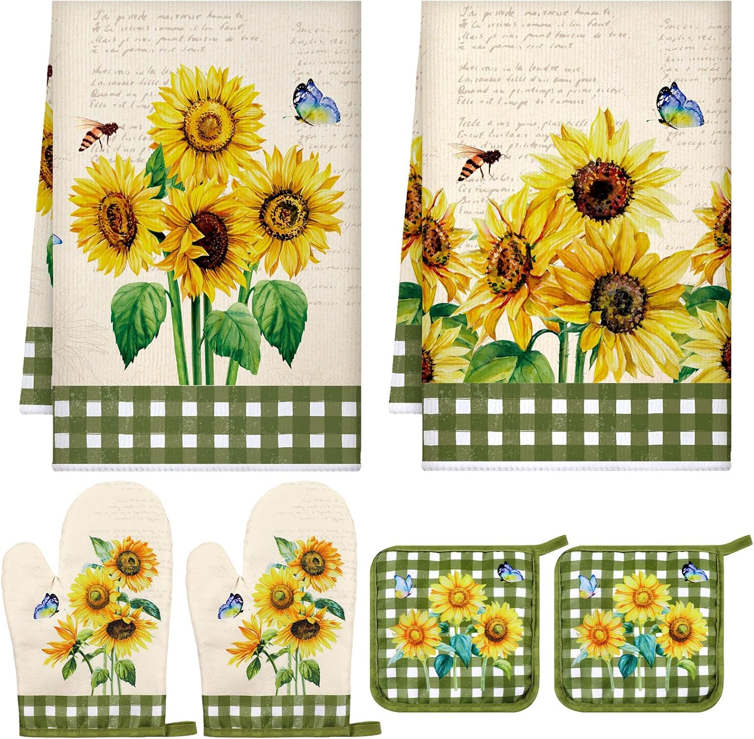 Leinuosen Farmhouse Sunflower Oven Mitts and Dish Towels Set