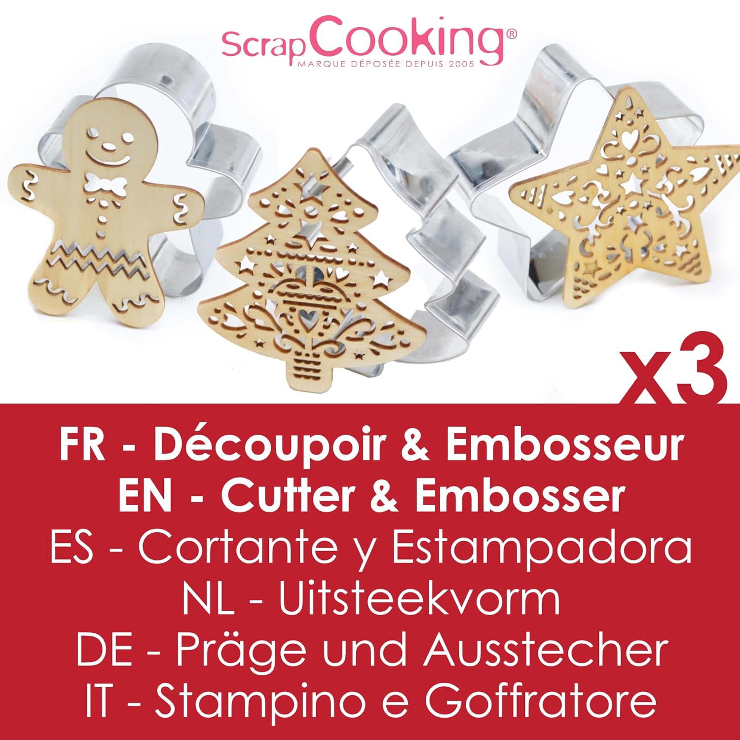 ScrapCooking 3 Wooden Christmas Cookie Cutters and Embossers Set