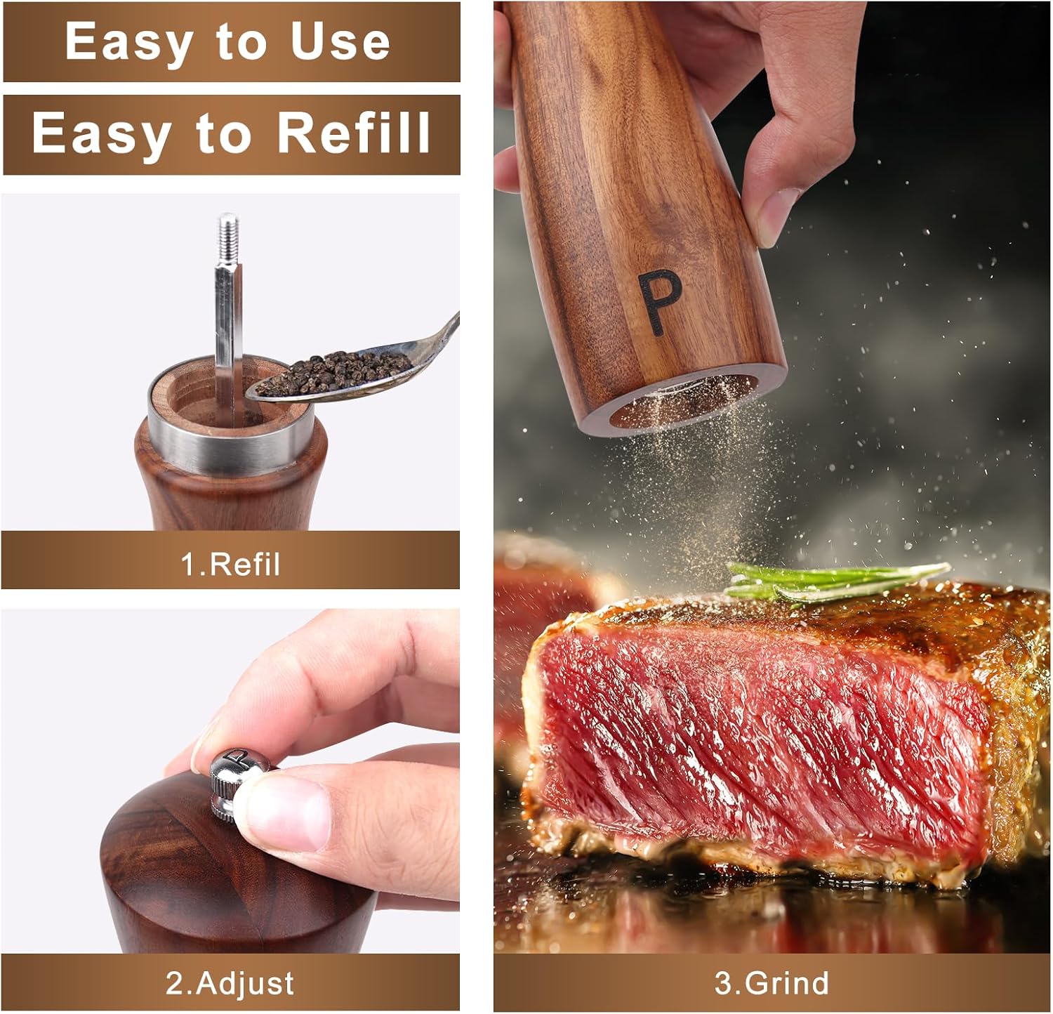 2 Pack Acacia Wood Salt Pepper Mill Set