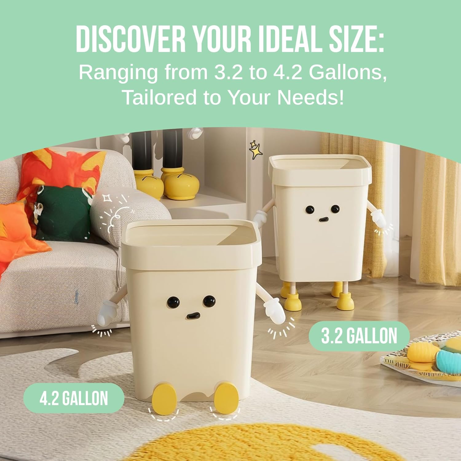Trashaholic 42-Gallon Cute Kids Trash Can - Beige with Handles