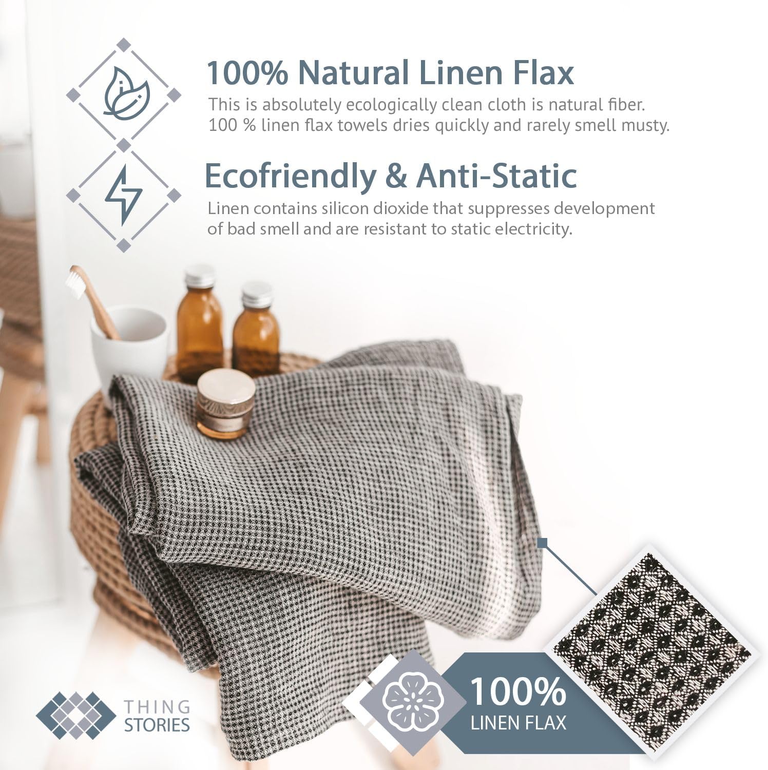 Pure Linen Hand Towels Set of 2 - Waffle Weave Black-Natural