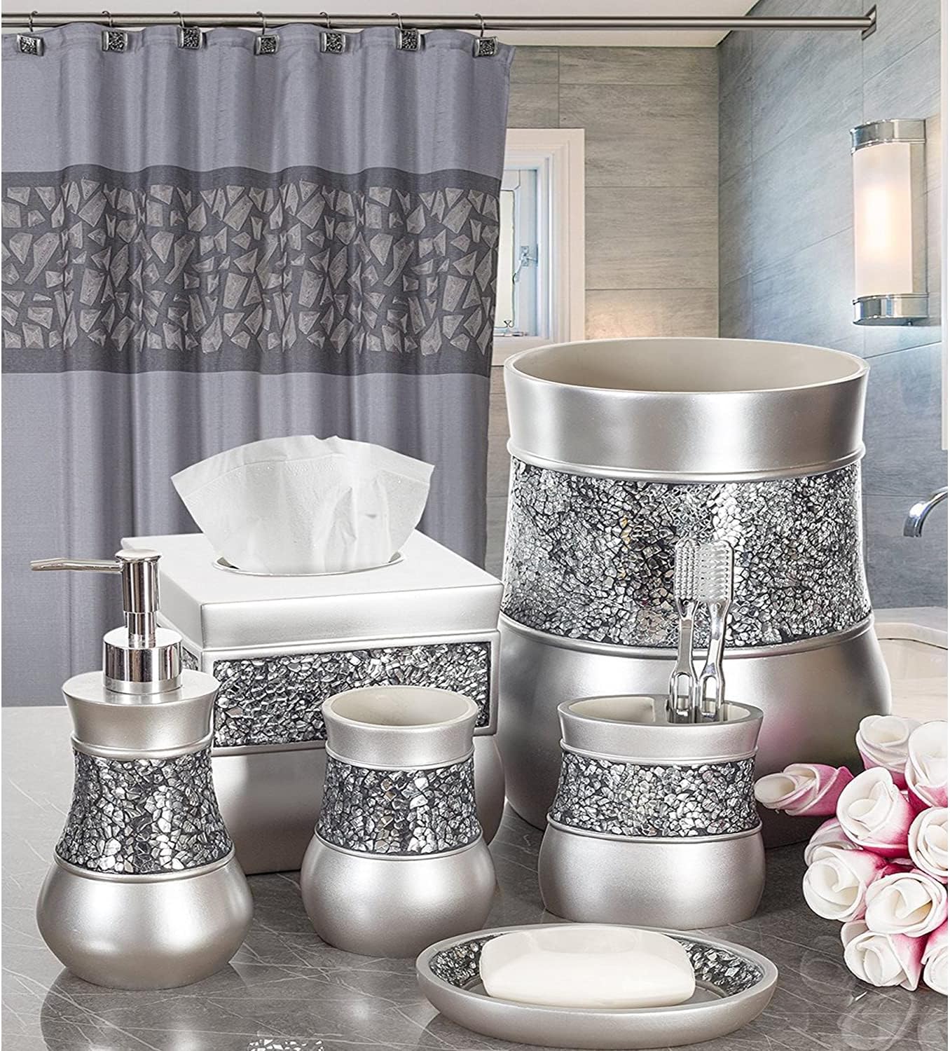 Crackled Glass Silver Small Decorative Trash Can