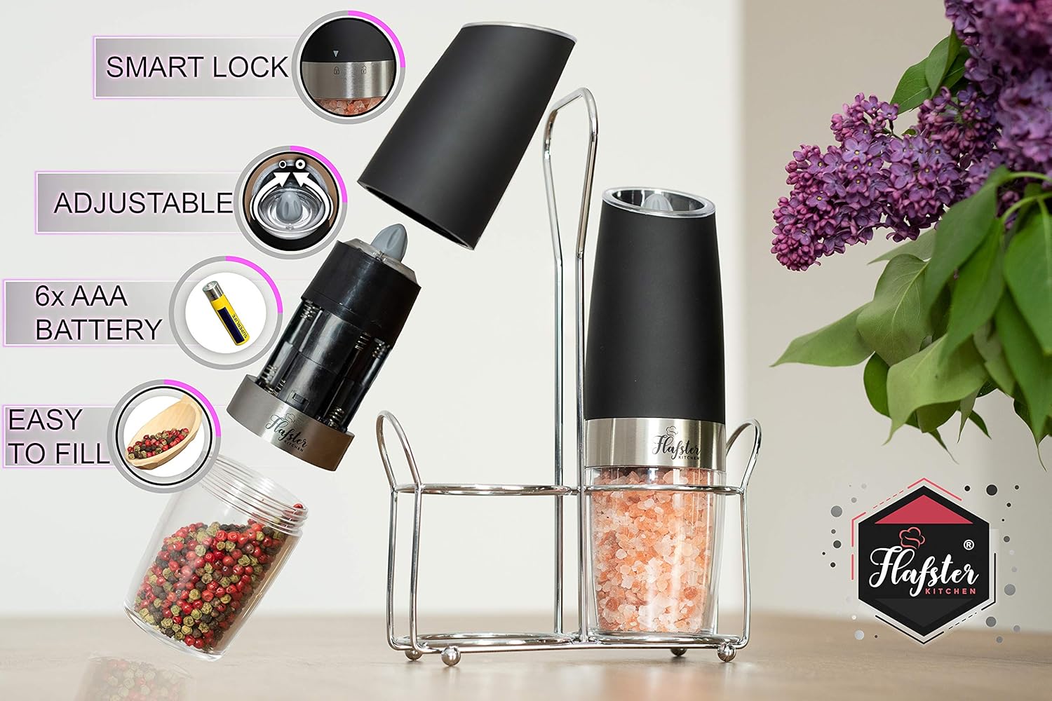 Gravity Salt Pepper Grinder Set - Adjustable Coarseness and LED Light