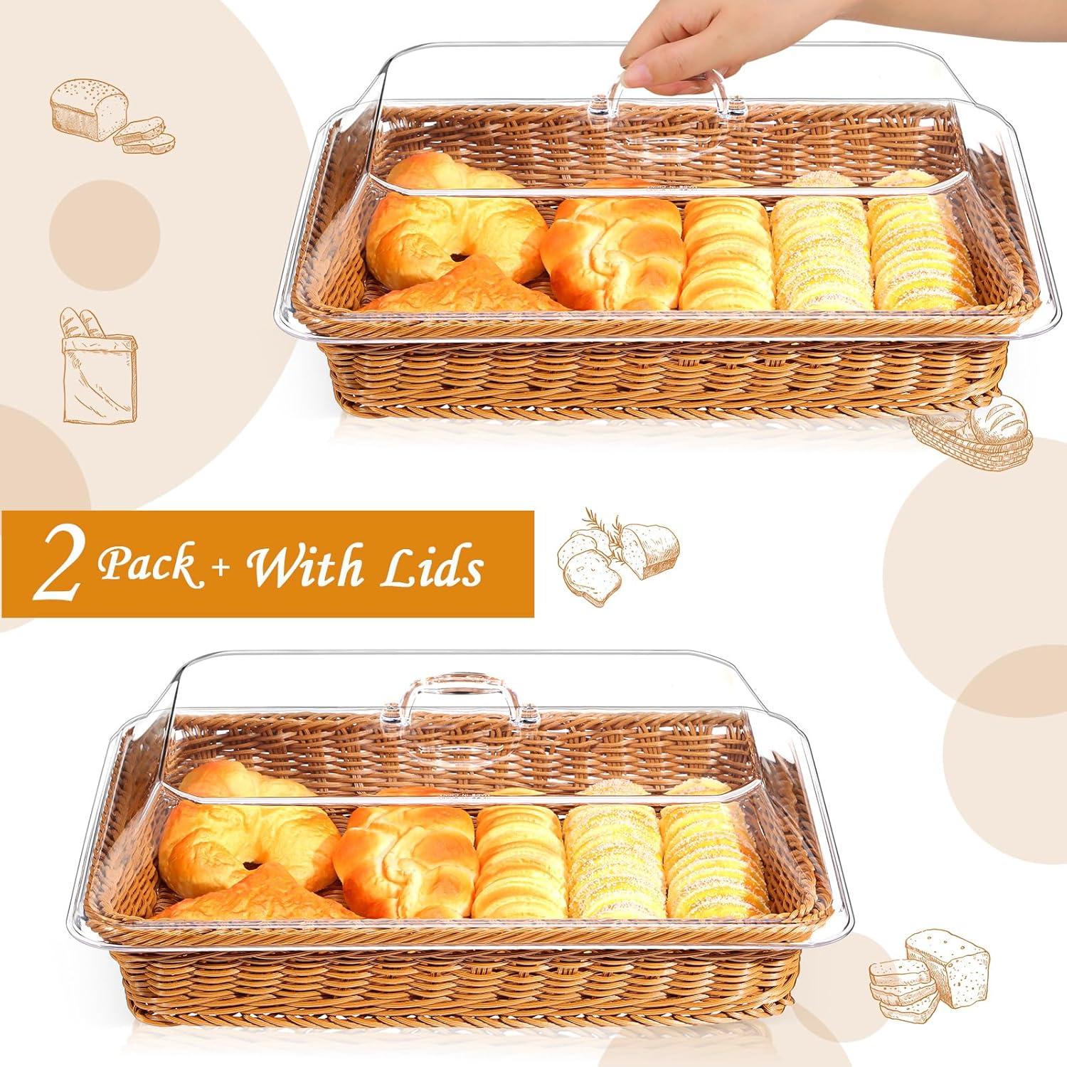 Mumufy 2 Pack Wicker Bread Basket with Acrylic Lid 1
