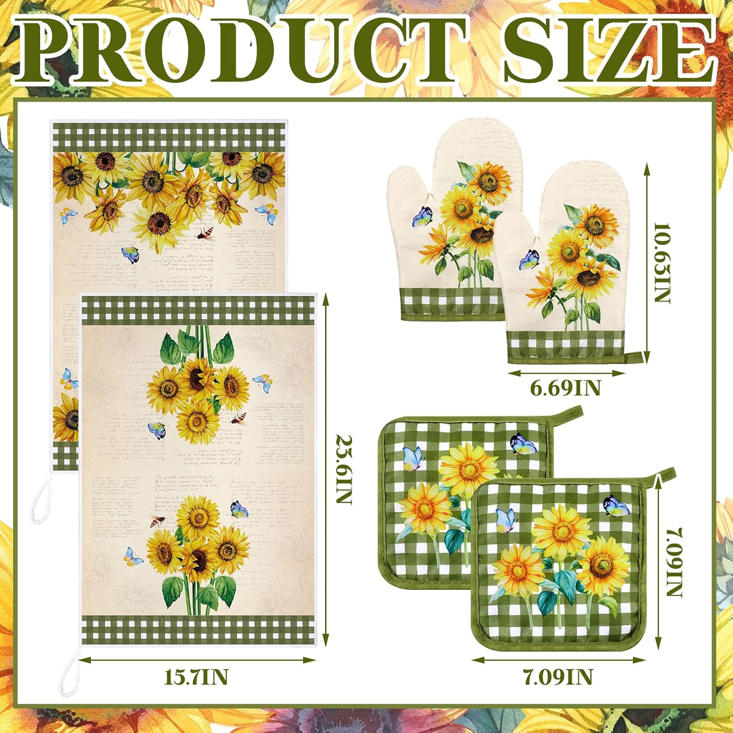 Leinuosen Farmhouse Sunflower Oven Mitts and Dish Towels Set
