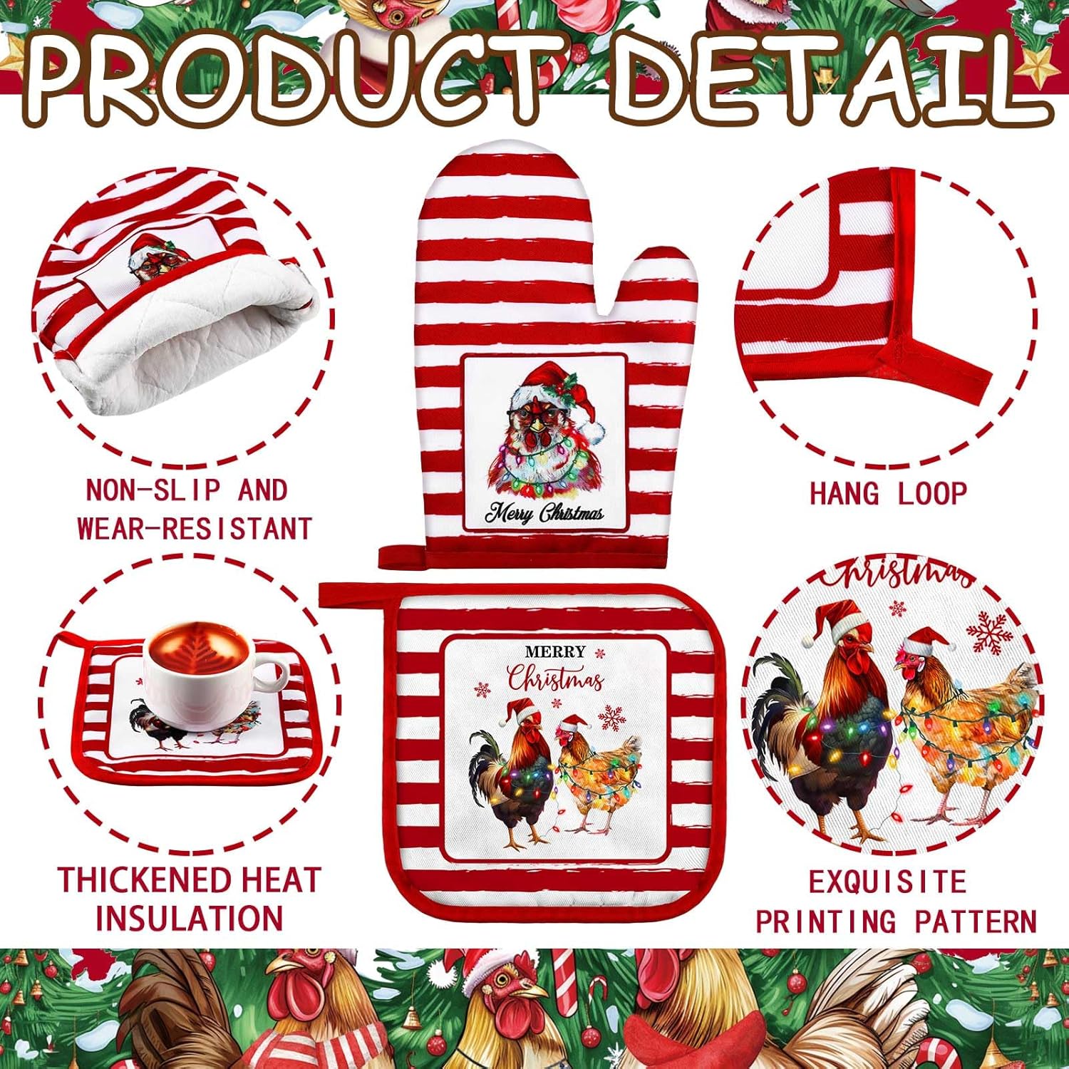 Leinuosen Farmhouse Rooster Oven Mitts and Pot Holders Set
