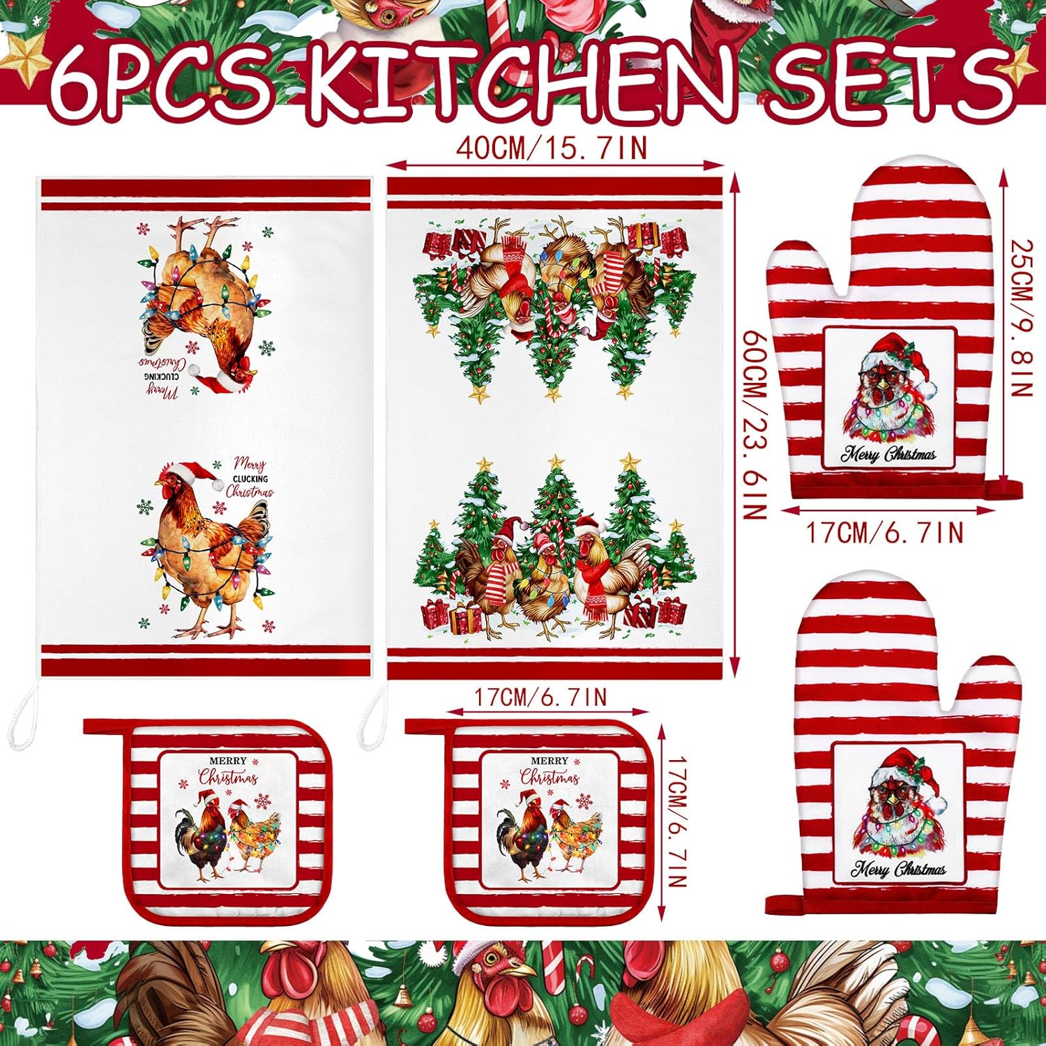 Leinuosen Farmhouse Rooster Oven Mitts and Pot Holders Set
