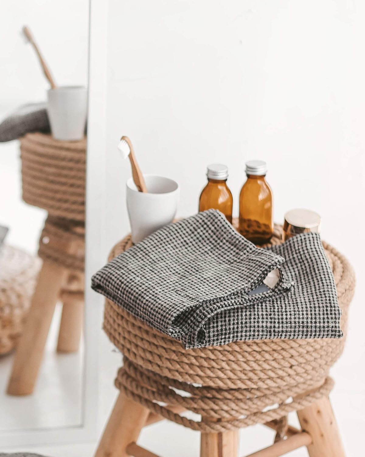 Pure Linen Hand Towels Set of 2 - Waffle Weave Black-Natural