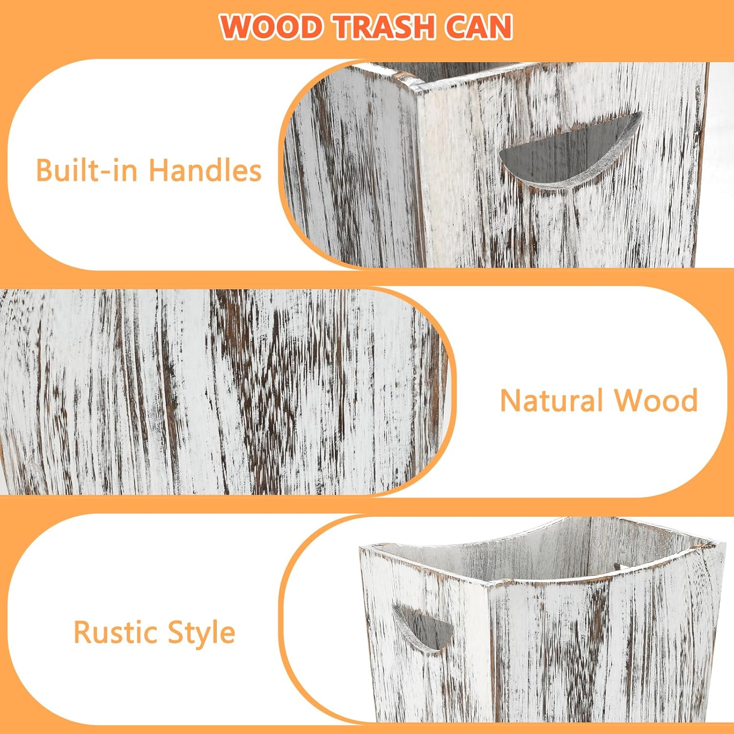 2 Pack Rustic White Wooden Trash Cans with Curve Design