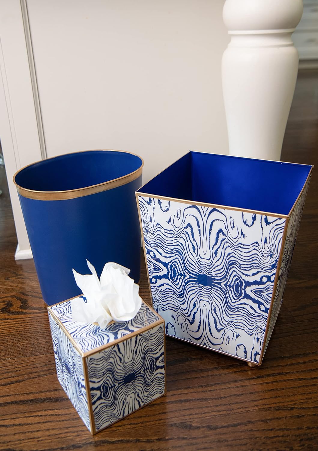 Jayes Studio Decorative Trash Can Blue Oval Metal Waste Basket