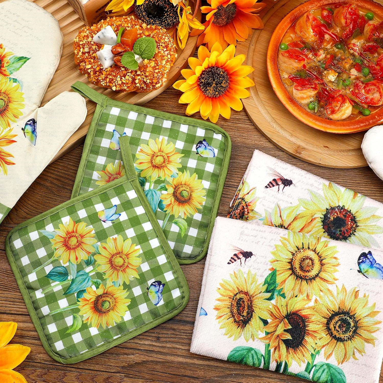 Leinuosen Farmhouse Sunflower Oven Mitts and Dish Towels Set