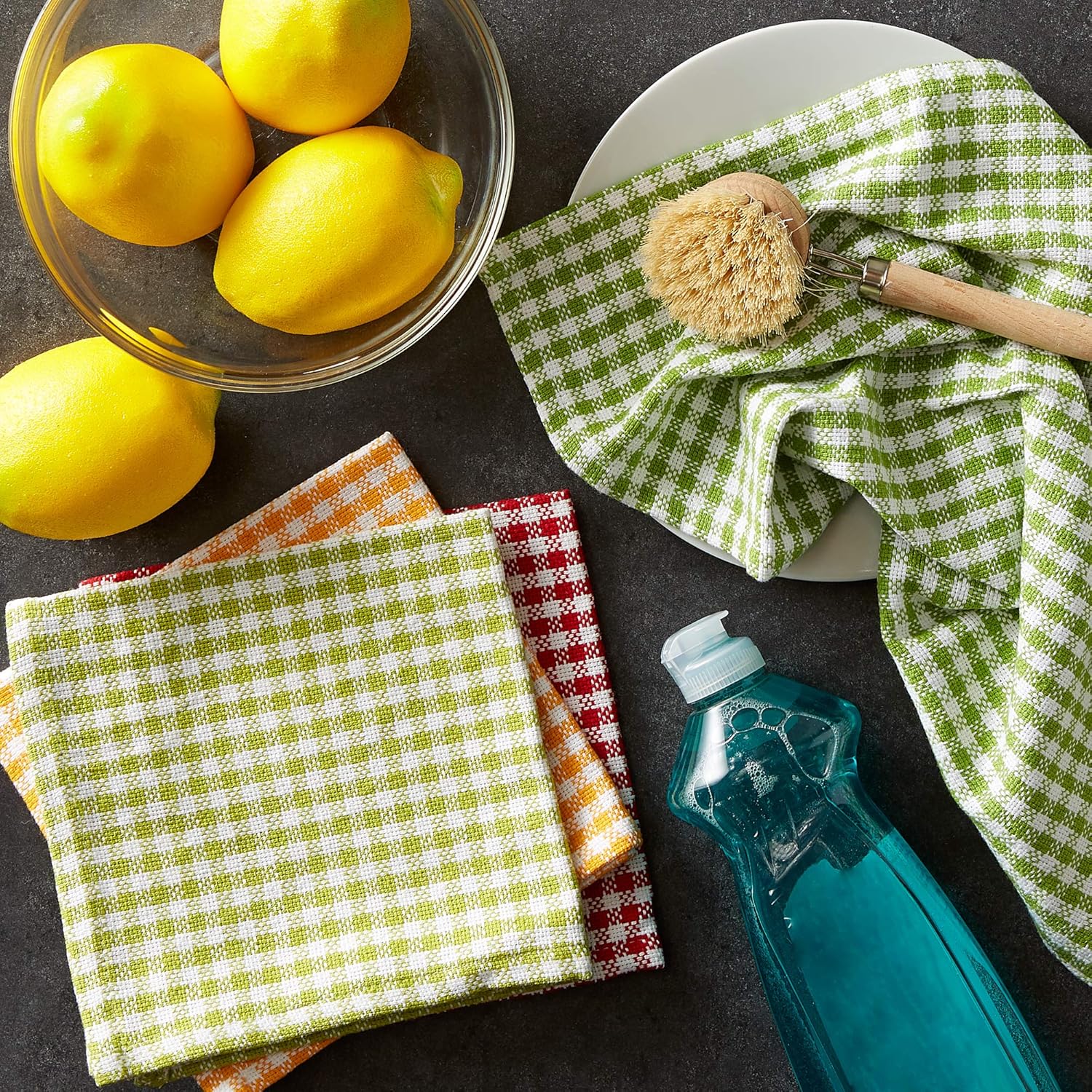 DII Heavy Duty Dish Cloths 4 Pack Cotton 13x13 Gingham Check